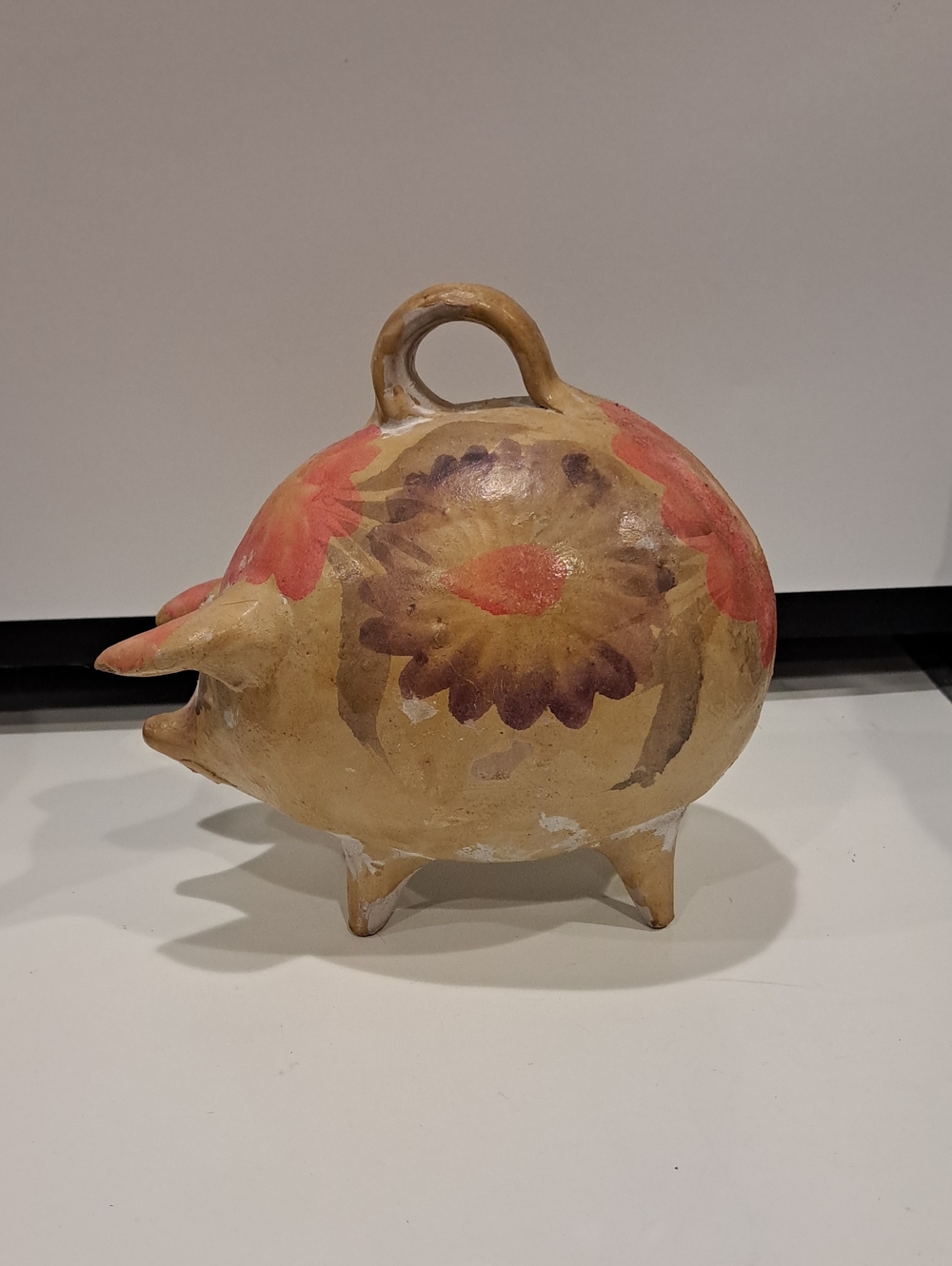 Vtg. Tonala Style Handpainted Mexican Folk Art Pottery Piggy Bank. Floral Leaf